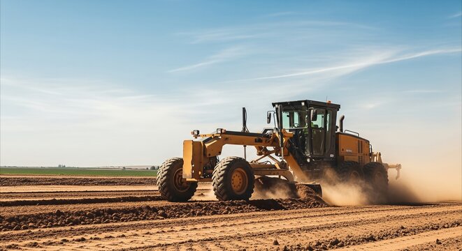 Motor grader levels earth for construction project under a clear blue sky, symbolizing development and infrastructure growth