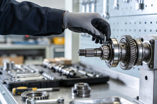 Mechanic's gloved hand assembling complex metal gears and bearings on a workbench