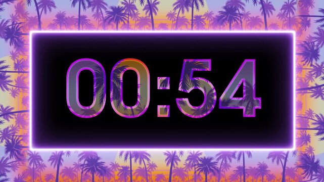 Neon One Minute Countdown timer with a tropical visual style, suitable for broadcast waiting screens and digital premieres. Perfect for livestreams, gaming intros, and online event transitions