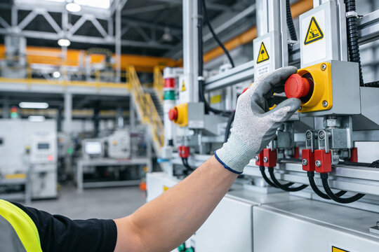 Worker in safety gloves operates industrial machinery with emergency stop button