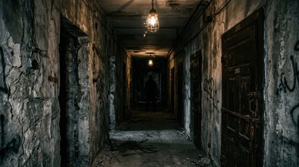 Fototapeta premium Abandoned corridor with flickering ceiling light. Halloween haunted hallway concept.
