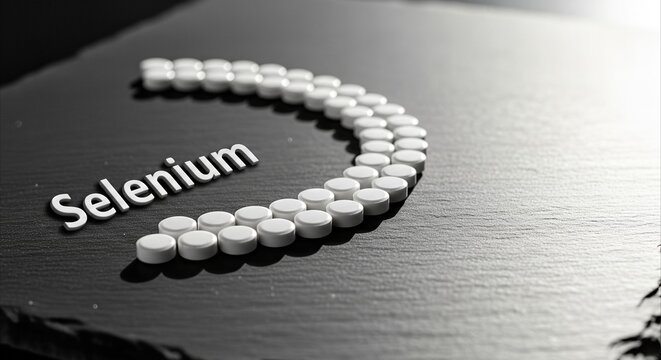 White Selenium supplement pills arranged in an arc on dark slate, emphasizing health and wellness with sunlight and shadows.