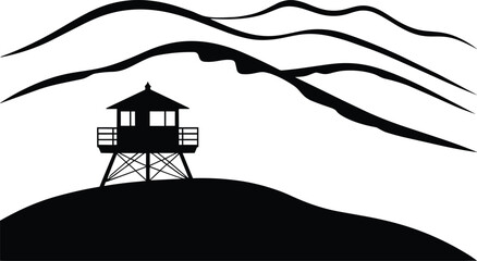 A black silhouette lifeguard tower stands on a prominent hill with stylized rolling hills and mountains in the, creating a minimalist landscape © MC Creative