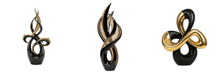 Naklejka premium Set of Abstract Modern Sculptures, Decorative Gold and Black Ceramic Art Pieces, Isolated PNG Graphic Elements for Luxury Interior Design, Modern Decor, and Home Staging Concepts