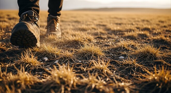 Hiking boots crushing dry grass in a golden hour alpine meadow, symbolizing resilience and the beauty of nature's cycles.