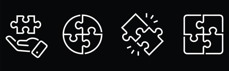 Puzzle connection icon set with teamwork and solution concept vector collection. Modern line art symbols for collaboration partnership and strategy. Minimal business interface icons isolated on dark b © Khadiza