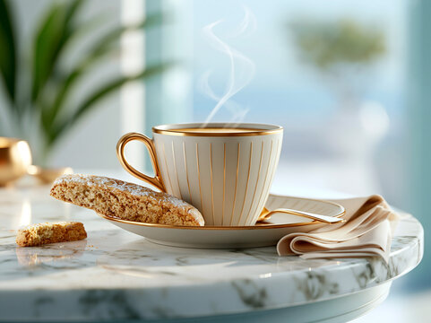 Hot coffee sits in a cup on a marble table next to a cookie with steam rising on a sunny day inside a bright room