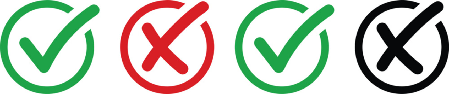 Green check and red cross icons on white. Approval and rejection symbol set for voting, feedback, validation, checklist, and quality control. Simple isolated vector style.
