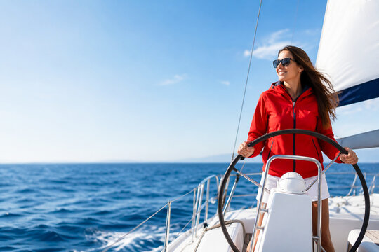 Smiling young woman in a red jacket and sunglasses steering a sailboat during a sunny day at sea