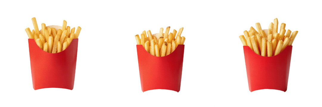 Set of Crispy French Fries in Red Paper Boxes, Isolated on White Background, Delicious Fast Food Portions, Classic Potato Snack, Takeaway Meal Concept, High-Quality Cutout PNG Stock Images for Restaur