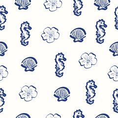 Mediterranean seahorse and seashell seamless pattern in blue coastal style © Veronika