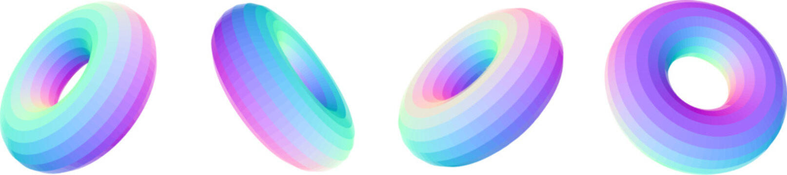 Y2k gradient shapes. Set rainbow torus ribbed effect. 3d shape spectrum neon gradation color. Vector illustration element for retro futuristic design