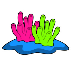 Fototapeta premium Pink and green finger corals on blue rock, marine life, vector icon.
