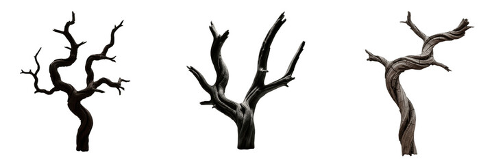 Naklejka premium Set of Bare Dead Tree Trunks and Branches, Isolated Transparent Background, Rustic Dark Wood Silhouettes for Halloween Decor, Nature Landscapes, Forest Design, and Scary Atmospheric Graphic Compositio
