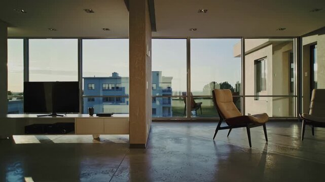 Luxury Apartment Interior with Modern Design and city view panning shot of Minimalist Living Space with Natural Light