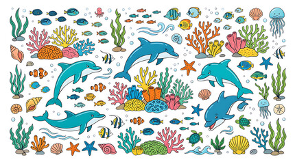 Obraz premium Colorful ocean creatures on white background with dolphins and fish