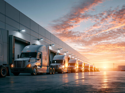 Trucks lined up at a loading dock during sunset with orange and purple skies