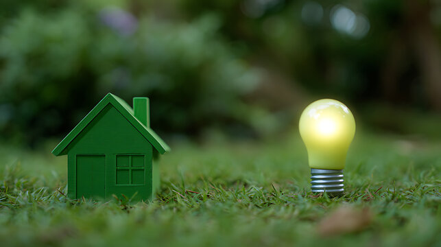Little Green House Model and Bright Light Bulb on Lush Green Grass Representing Sustainable Living, Eco-Friendly Energy, and Innovation