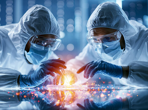 Scientists work on research project in lab late at night to explore new findings in biotechnology with focus on microorganisms