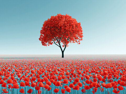 Red tree stands alone in a field of red flowers under a blue sky during daytime hours in a rural setting