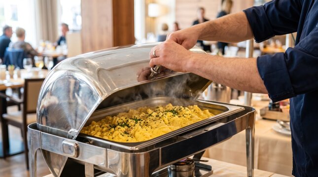 Chef opening a metal chafing dish filled with scrambled eggs at a breakfast buffet