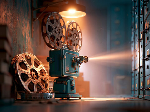 Vintage film projector with reels in a dimly lit storage room showing light on wall