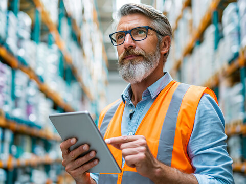 Warehouse worker checks inventory data on tablet in large storage facility during busy hours of the day