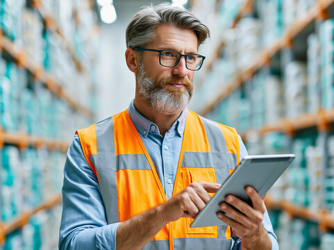 Warehouse worker reviews inventory using a tablet in a busy storage area during the day
