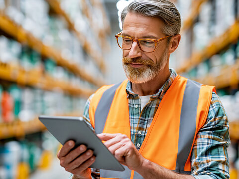Man with gray hair and beard checks tablet in warehouse during work hours in a stockroom filled with shelves