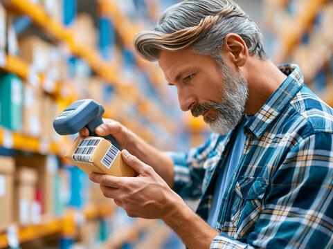 Man scanning barcode on package inside a storage facility in a busy warehouse setting during daytime work hours