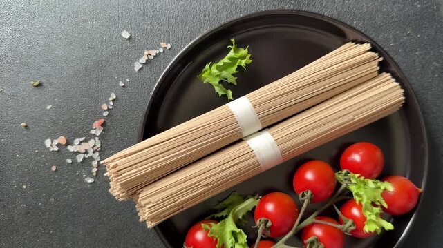 Buckwheat noodles soba raw pasta food preparation lunch or dinner tasty organic snack fresh gourmet food background on the table rustic food close-up copy space 