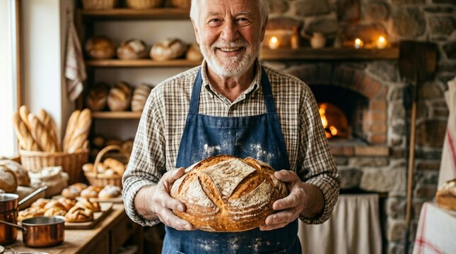 Old baker holding fresh crusty bread in traditional bakery. Happy man demonstrating homemade sourdough loaf. Concept of artisan baking, small business and healthy rustic bread production.