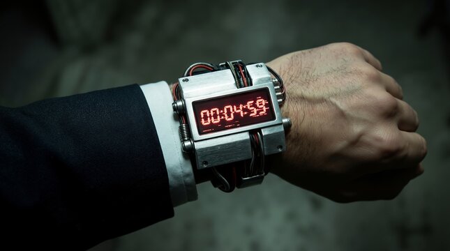 Man wearing futuristic digital timer on wrist. Cinematic gadget resembling explosive device with countdown clock. Cyberpunk style accessory for unconventional spy, action or thriller theme