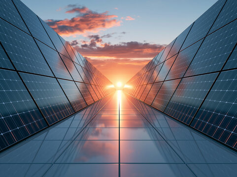 Sunrise over solar panels reflecting light in a solar energy field at dawn