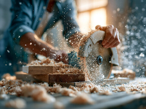 Craftsman works with a saw in a workshop surrounded by wood shavings while light filters through a window
