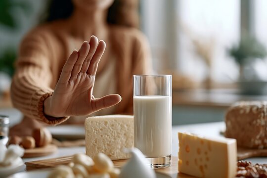 Woman refusing glass of milk near cheese and dairy foods at home kitchen table, concept of lactose intolerance, milk protein allergy and dietary restriction
