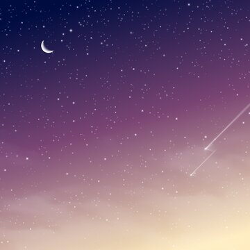 Dreamy twilight sky with crescent moon, stars, and falling meteors.