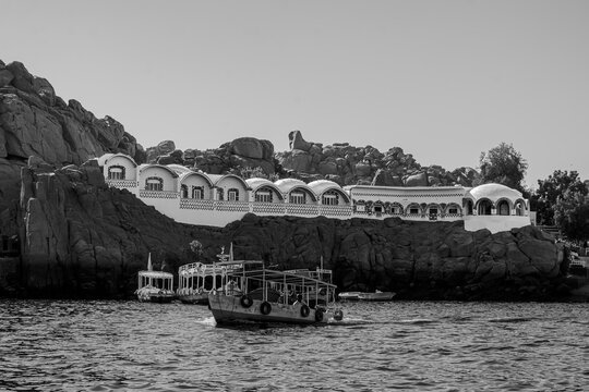 Nubian traditional house on the bank of the Nile. Black and white. Aswan Egypt