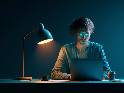 Person works on laptop late at night with desk lamp and coffee cup in quiet room