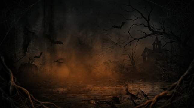 Foggy haunted landscape background with bats and distant house silhouettes. Halloween eerie scene concept.