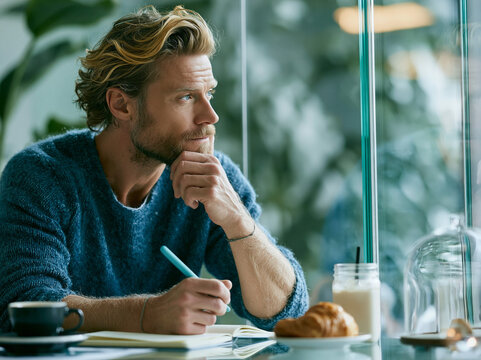 Man sits in a cafe, thinks deeply, and writes notes while enjoying a pastry on a quiet afternoon