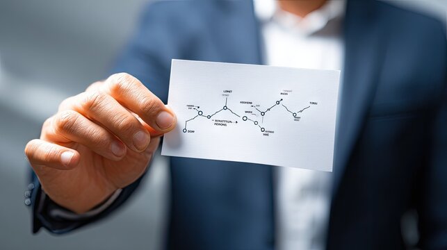 Businessman holding molecular structure diagram card.