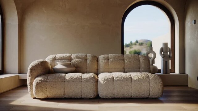 Luxury Interior Design Living Room with Modern Sofa and arched windows minimalist aesthetic home decor cinematic tracking shot