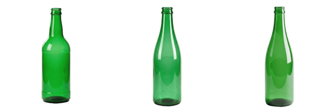 Empty green glass bottle set for beer, wine, and cider, realistic glass container shapes collection isolated on transparent background for beverage packaging mockups, brewery products, and liquid prod