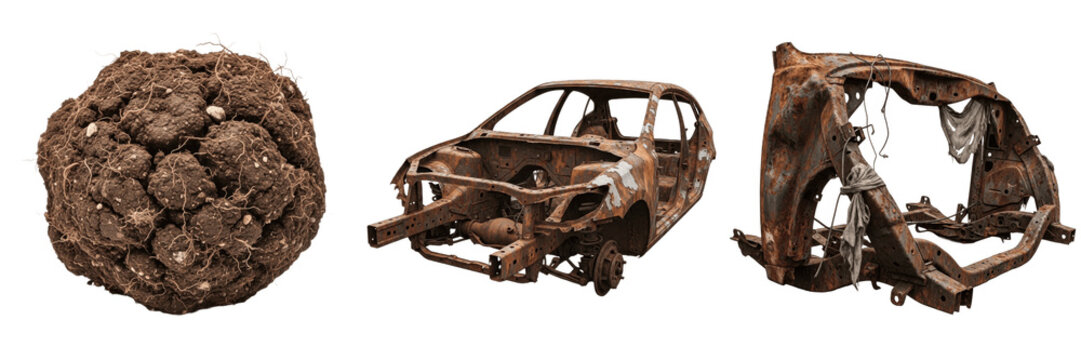 Crushed scrap metal ball and rusted car chassis wreckage set, destroyed automobile shell debris and junkyard waste elements isolated on transparent background for post apocalyptic disaster game design