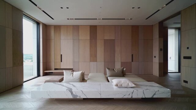 Luxury home interior design modern minimalist living space with marble and wood accents elegant architecture slow panning shot