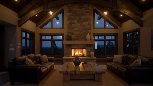 Luxury Mountain Lodge Interior with Cozy Fireplace and rustic decor evening ambiance in a High-End Living Room