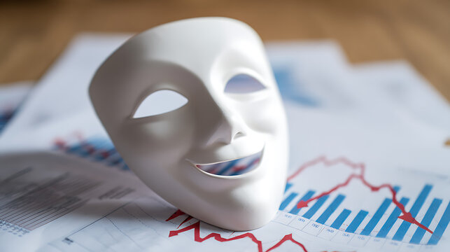 White theatrical mask with a smiling expression rests on financial documents displaying charts, graphs, and downward trends on a wooden desk, symbolizing deception