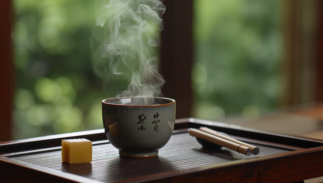 湯気の立つ湯呑と茶碗の質感が近くに見える和茶の写真