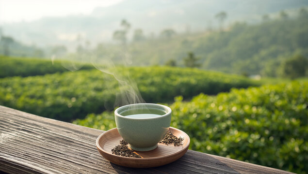 茶畑を背景に湯気の立つ緑茶が木の台に置かれた商品写真